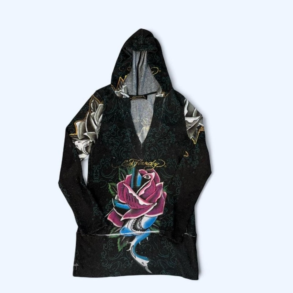 Ed Hardy Black Hoodie with Pink and Blue Rose Graphic